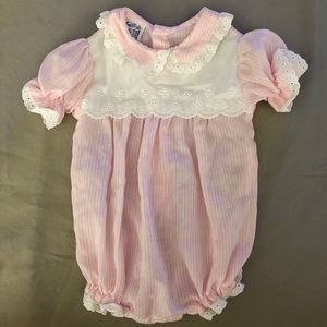 Vintage newborn pink pinstripe lace detail onesie